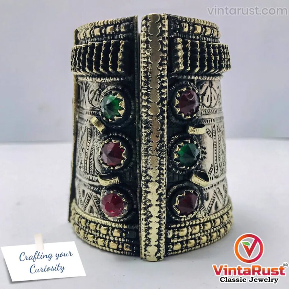 Single Vintage Kuchi Cuff Bracelet: Afghan Tribal Hinged Bracelet with Glass